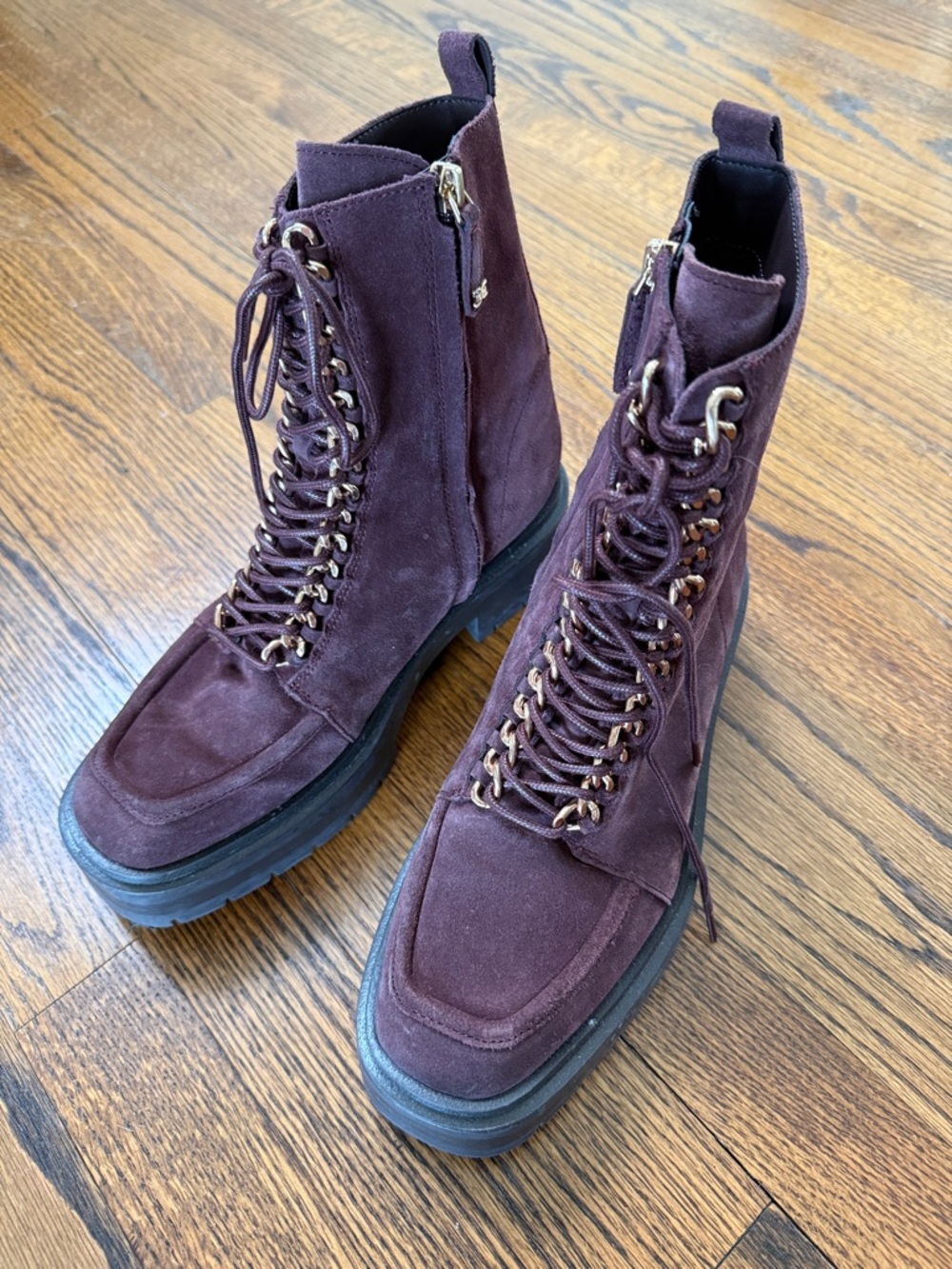 B39 Sam Edelman Women’s 8.5 Plum Suede Lace-Up Combat Boots with Chunky Sole